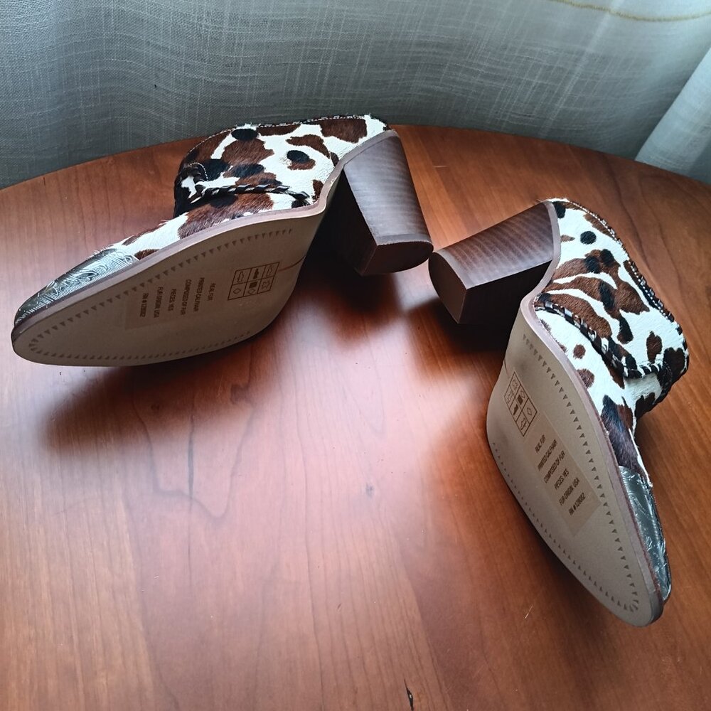 NWT Silver Toe Western Cow Print Animal Hair Heeled Mules - Picture 9 of 14